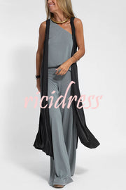 Modal One Shoulder Tank & Stretch Wide-leg Pants& Midi Vest Three Pieces Suit