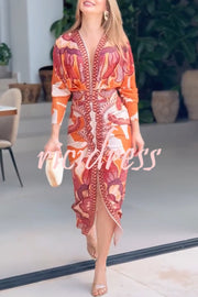 Brazilian Style Unique Print Dolman Long Sleeve Ruched Slit Midi Dress