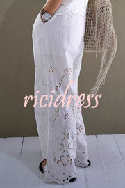 Linen Blend Solid Color Embroidered Hollow Loose Vest and Elastic Waist Casual Pocket Wide Leg Pants Set