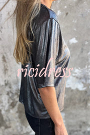 Metallic Solid Color Round Neck Short-sleeved Loose T-shirt