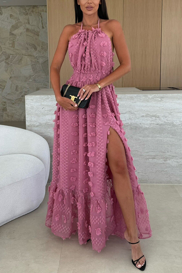 Gloria Embroidery Flowers Elastic Waist Halter Backless Slit Maxi Dress