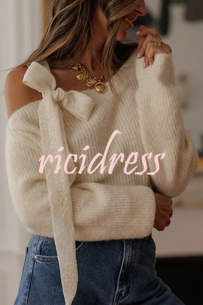 Solid Color Bow Tie Long-sleeved Casual Knit Sweater