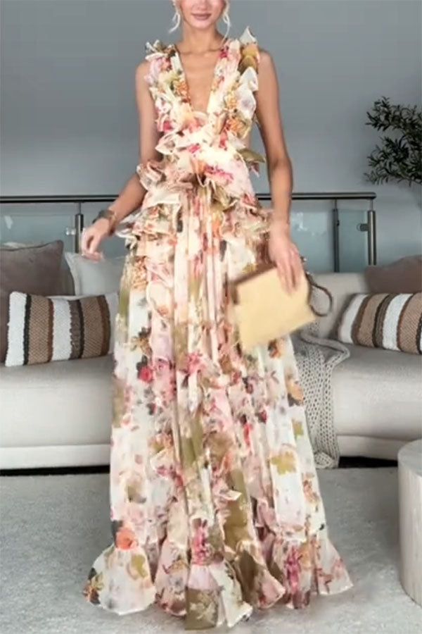 Wedding Season Chiffon Floral Ruched Plunge Open Back Maxi Dress