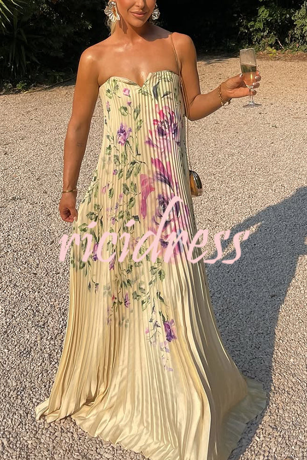 For Every Occasion Satin Pleated Floral Print V-wire Bandeau Neck Maxi Dress