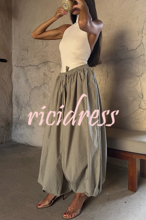 Fashion Plaid Print Elastic Waist Pocket Loose Wide-leg Pants