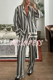 Lifetime of Happiness Striped Long Sleeve Loose Shirt and Elastic Waist Pocket Pants Set