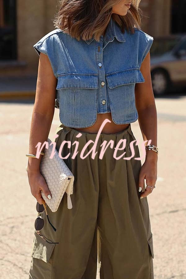 Stylish Weekend Denim Button Up Cape Sleeve Pocket Crop Top