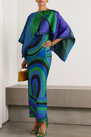 Mykonos Getaway Satin Unique Print Flowy Cape Sleeve Maxi Dress