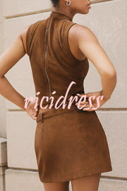 Autumn Atmosphere Faux Suede High Neck Zipper Tank and Button-Front Pocket Mini Skirt