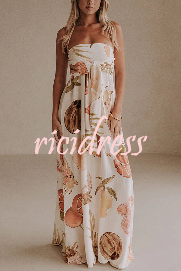 Island Time Linen Blend Unique Print Strapless Back Tie-up A-line Maxi Dress