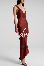 Sexy Lace Stitching Suspender V-neck Asymmetrical Maxi Dress