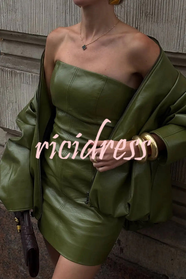 Solid Color Loose Long Sleeve Pocket Casual Leather Jacket