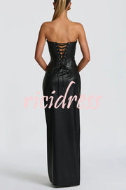 Alba Faux Leather Pleated Off Shoulder Neck Slit Stretch Maxi Dress