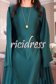 Dignified and Elegant Satin Batwing Sleeve with Waist Tie Design A-line Maxi Dress