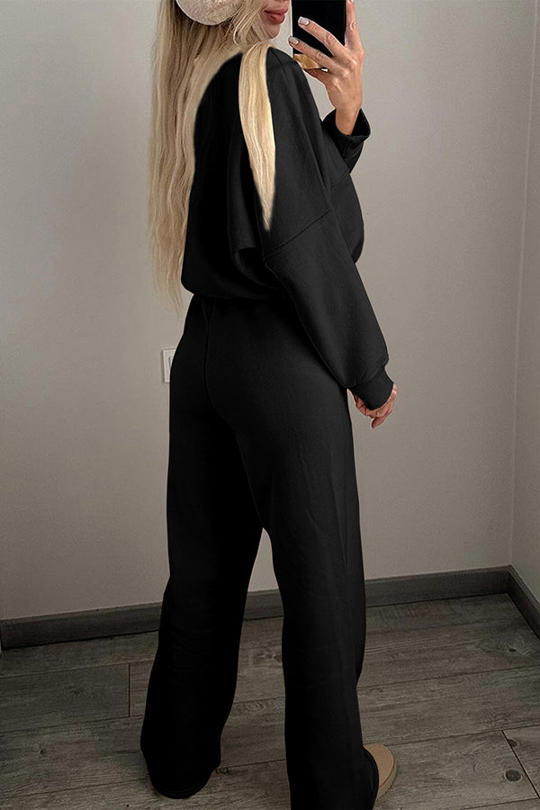 Solid Color Long-sleeved Zip-up Sports Jacket and Casual Elastic Waist Pocket Pants Set