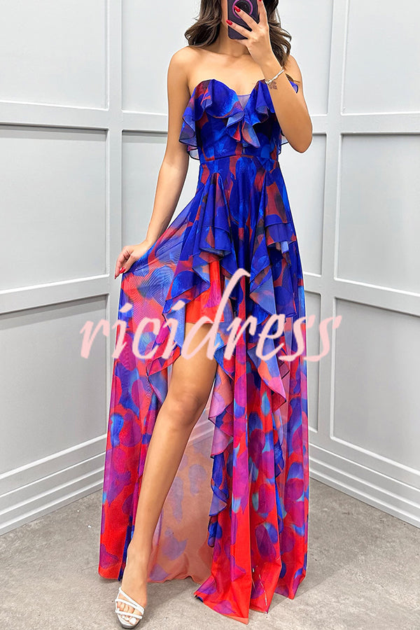 Loving Moment Gradient Unique Print Flowing Layered Ruffles Strapless Slit Maxi Dress