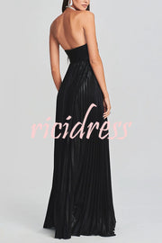 Metallic Sexy Tube Top Pleated High Slit Maxi Dress