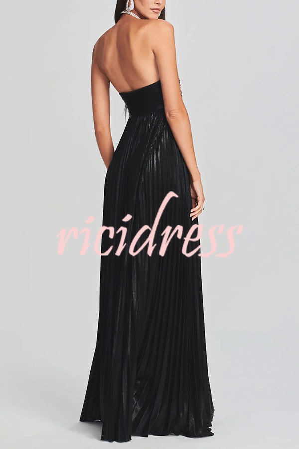 Metallic Sexy Tube Top Pleated High Slit Maxi Dress