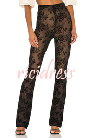 Romance Detail Flower Pattern Mesh Elastic Waist Stretch Flare Pants