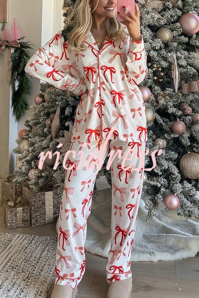 Christmas Bow Print Long Sleeve Shirt and Elastic Waist Pocket Pants Set