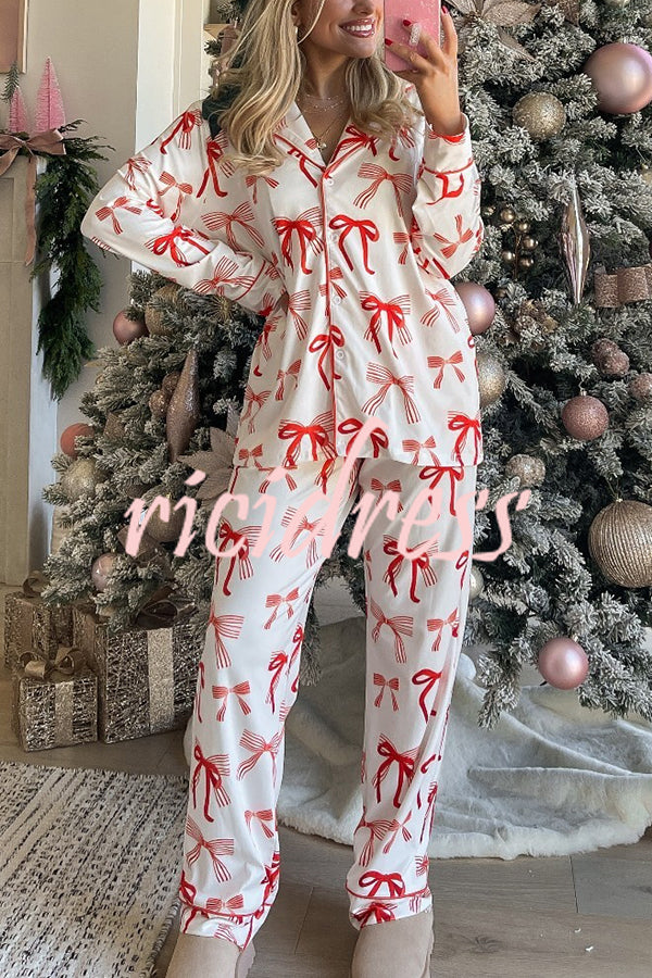 Christmas Bow Print Long Sleeve Shirt and Elastic Waist Pocket Pants Set