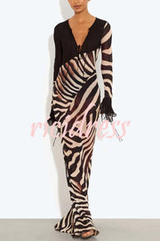 City Night Chiffon Colorblock Animal Print Tie-up Long Sleeve Maxi Dress