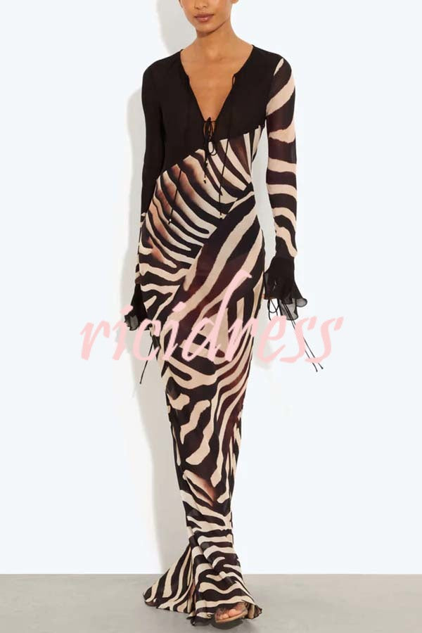 City Night Chiffon Colorblock Animal Print Tie-up Long Sleeve Maxi Dress