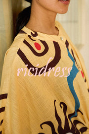 Helia Linen Blend Unique Print Drawstring Waist Kaftan Maxi Dress