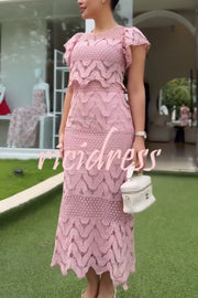 Elouise Wave Dot Embroidery Lace Back Tie-up Top and Elastic Waist Maxi Skirt Set