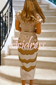 Feona Satin Unique Print V-neck Wide Sleeve Ruched Waist Slit Midi Dress