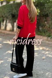 Stylish Color-blocked V-neck Knitted Button-down Cardigan and Elastic Waist Casual Wide-leg Pants Set