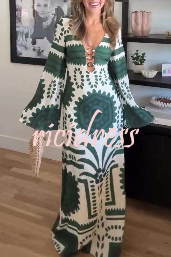 Holiday Fashion Unique Print Front Center Hollow Ring Long Sleeve Maxi Dress