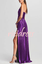 Goddess Temperament Metallic Pleated Fabric Off Shoulder Slit Maxi Dress