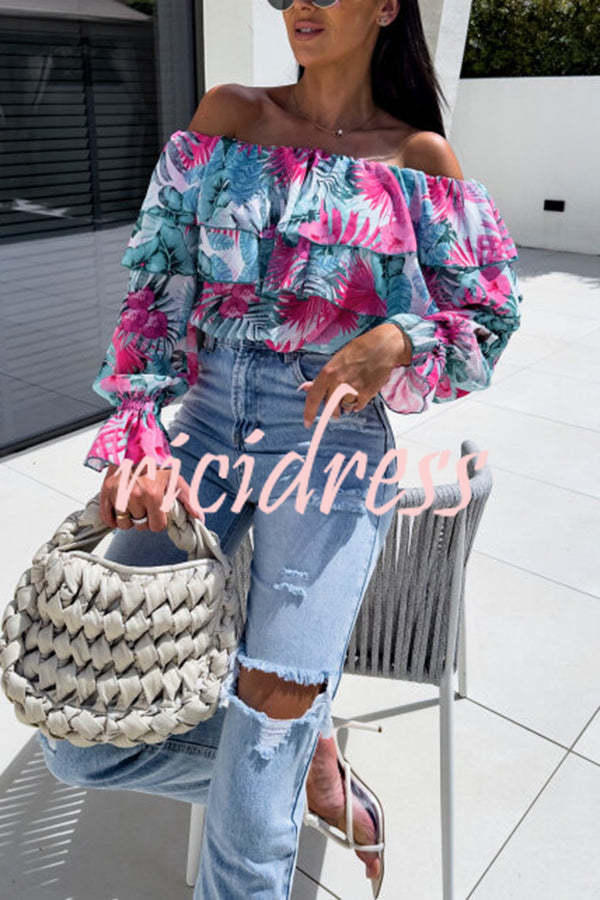 Colorful Botanical Print Sexy Off-shoulder Ruffle Top