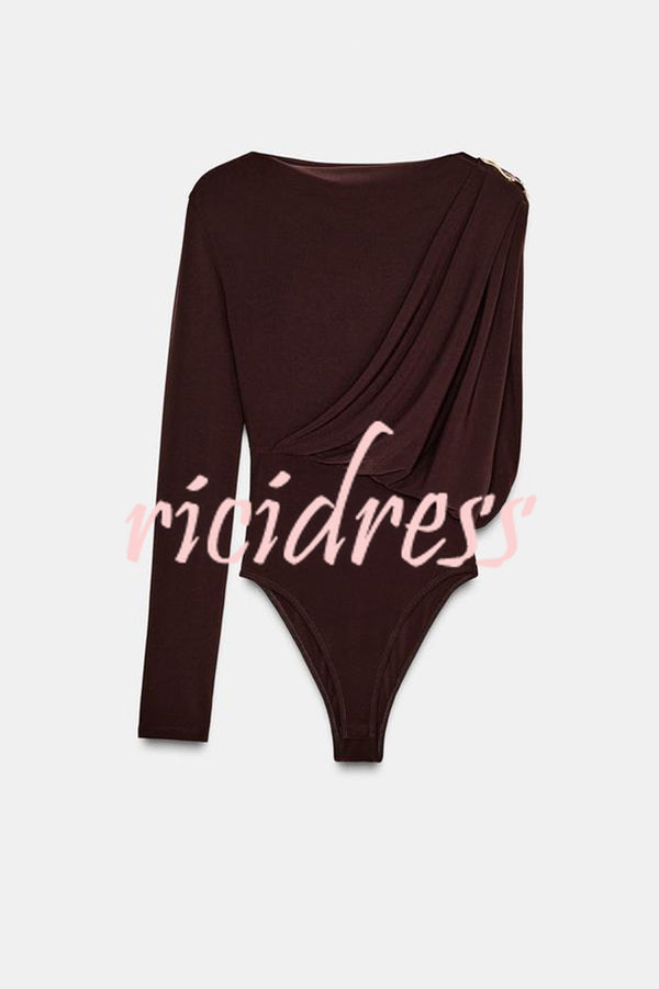 After Party Energy Brooch Detail One Sleeve Ruched Drape Stretch Bodysuit