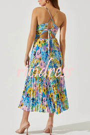 Wedding Party Season Floral Print Pleated Back Tie-up Midi Dress