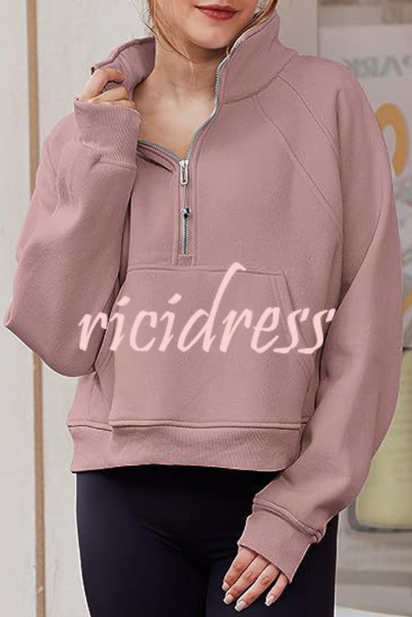 Stylish Patchwork Stand Collar Zippered Loose Pocket Sweatshirt