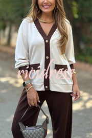 Stylish Color-blocked V-neck Knitted Button-down Cardigan and Elastic Waist Casual Wide-leg Pants Set