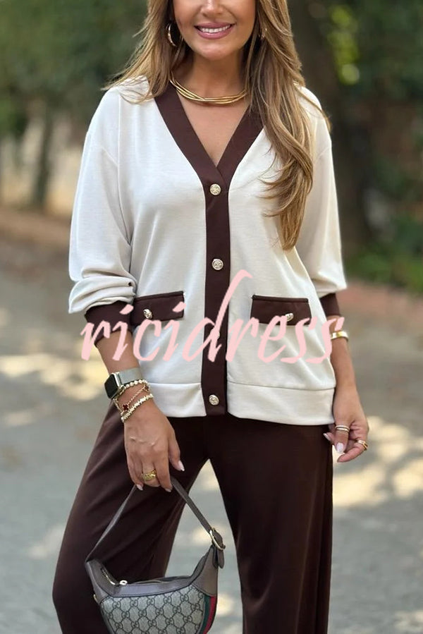 Stylish Color-blocked V-neck Knitted Button-down Cardigan and Elastic Waist Casual Wide-leg Pants Set