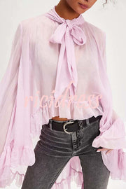 Flowy See-through Ruffle Tie-up Neck Bell Sleeve High-low Hem Cape Shirt