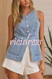 Fashionable Casual Slim Fit Button Pocket Denim Vest