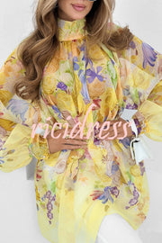 Chiffon Floral Print Turtleneck Long Sleeve Loose Top