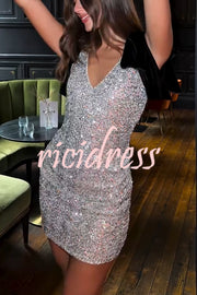 Sparkle and Elegance Sequin Velvet Bow Strap Detail V-neck Mini Dress