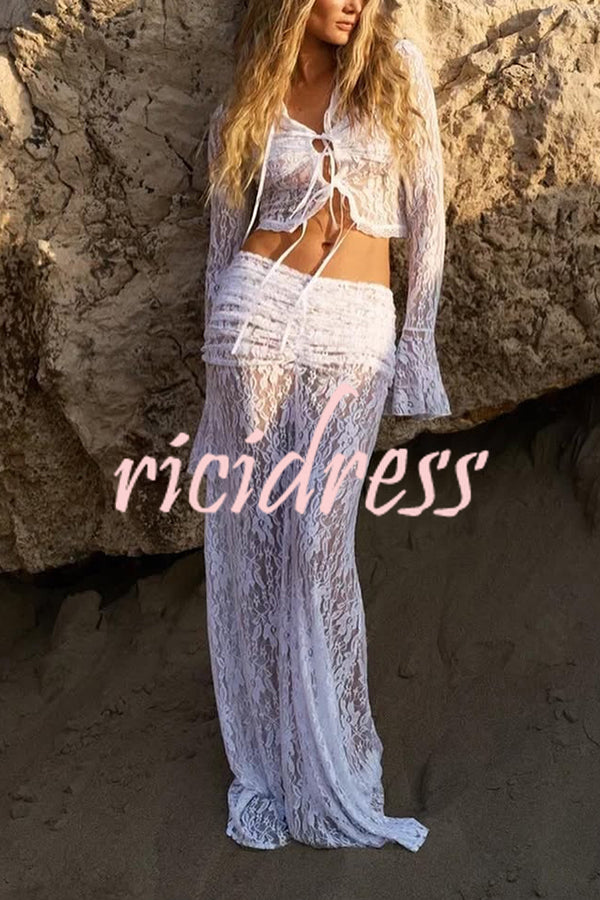 Sexy Lace Long-sleeve Lace-up Top and Pleated Sheer Maxi Skirt Set