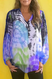 Fashionable Gradient Tie-dye V-neck Long-sleeved Casual Shirt