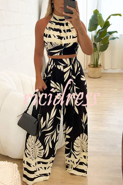 Botanical Print Halterneck Crop Top and Casual High-waist Wide-leg Pants Set