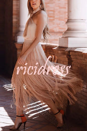 Elegant Tassel Hem Elastic Waist Casual Maxi Skirt