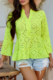 Solid Color Casual Resort Style Hollow V-neck Shirt