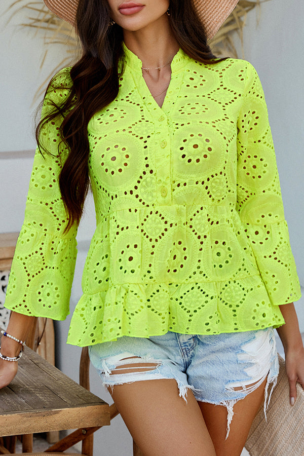 Solid Color Casual Resort Style Hollow V-neck Shirt