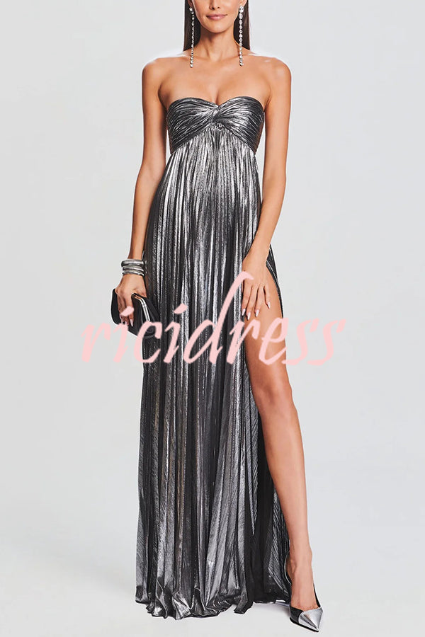 Metallic Sexy Tube Top Pleated High Slit Maxi Dress